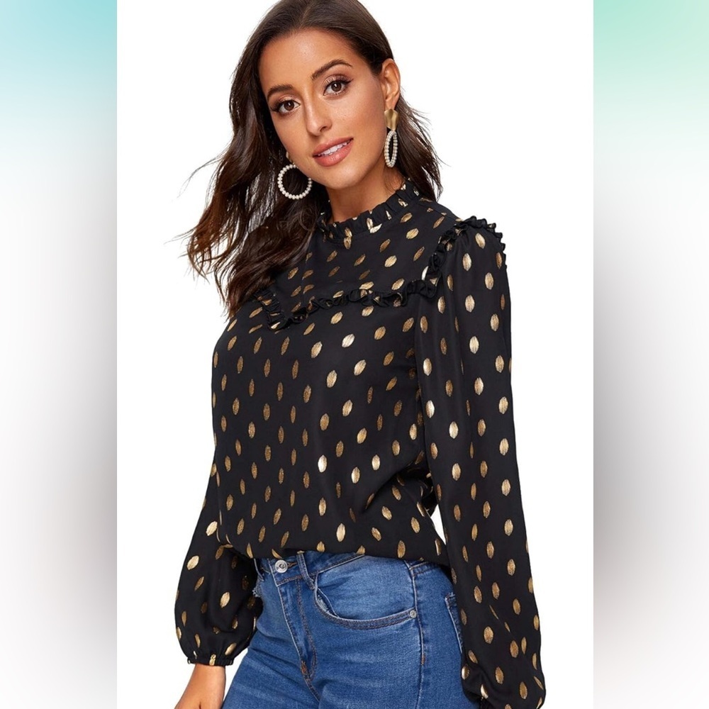 Amazon, black gold, Long sleeve blouse with frill trim, size Large